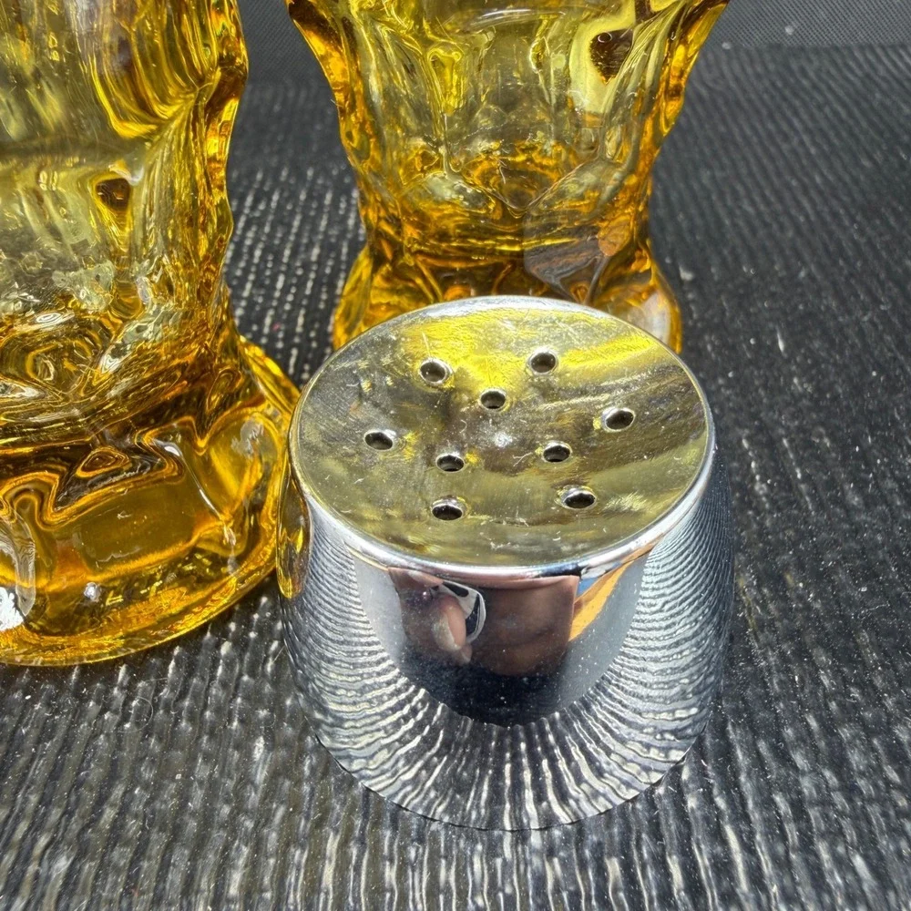 Anchor Hocking Amber Glass Salt and Pepper Shakers Chrome Tops Mid Century